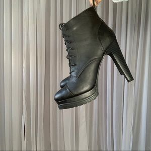 Faux Black Leather High Heeled Lace-up Booties